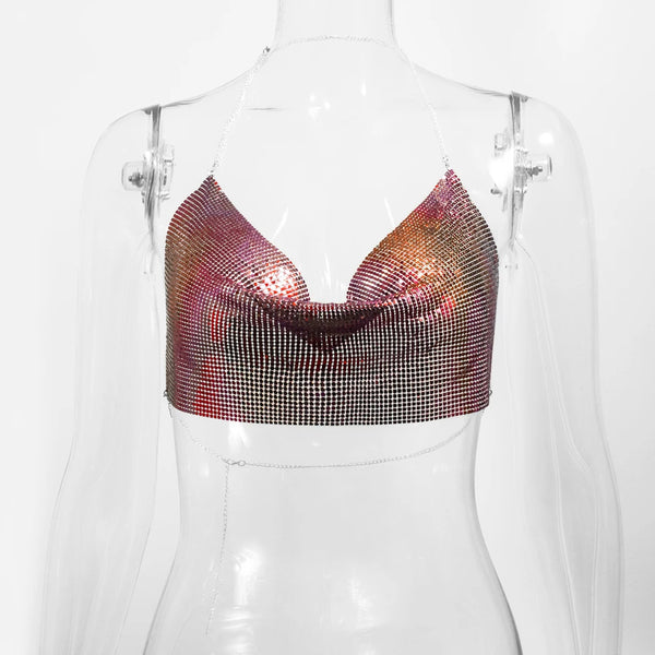 Electra Metallic Sequin Halter Backless Crop Top One-piece