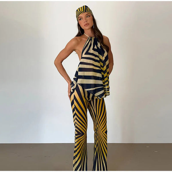 Marisela Retro Geometric Stripe Halter Backless Top & Flare Pants Two-piece