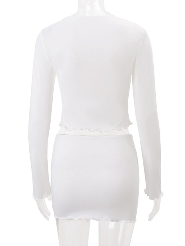 Ivette White Ruffle V-Neck Long-Sleeve Mini Dress