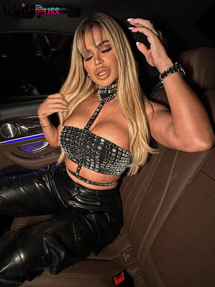 Tullia Rhinestone Halter Choker Backless Crop Tube Top One-piece