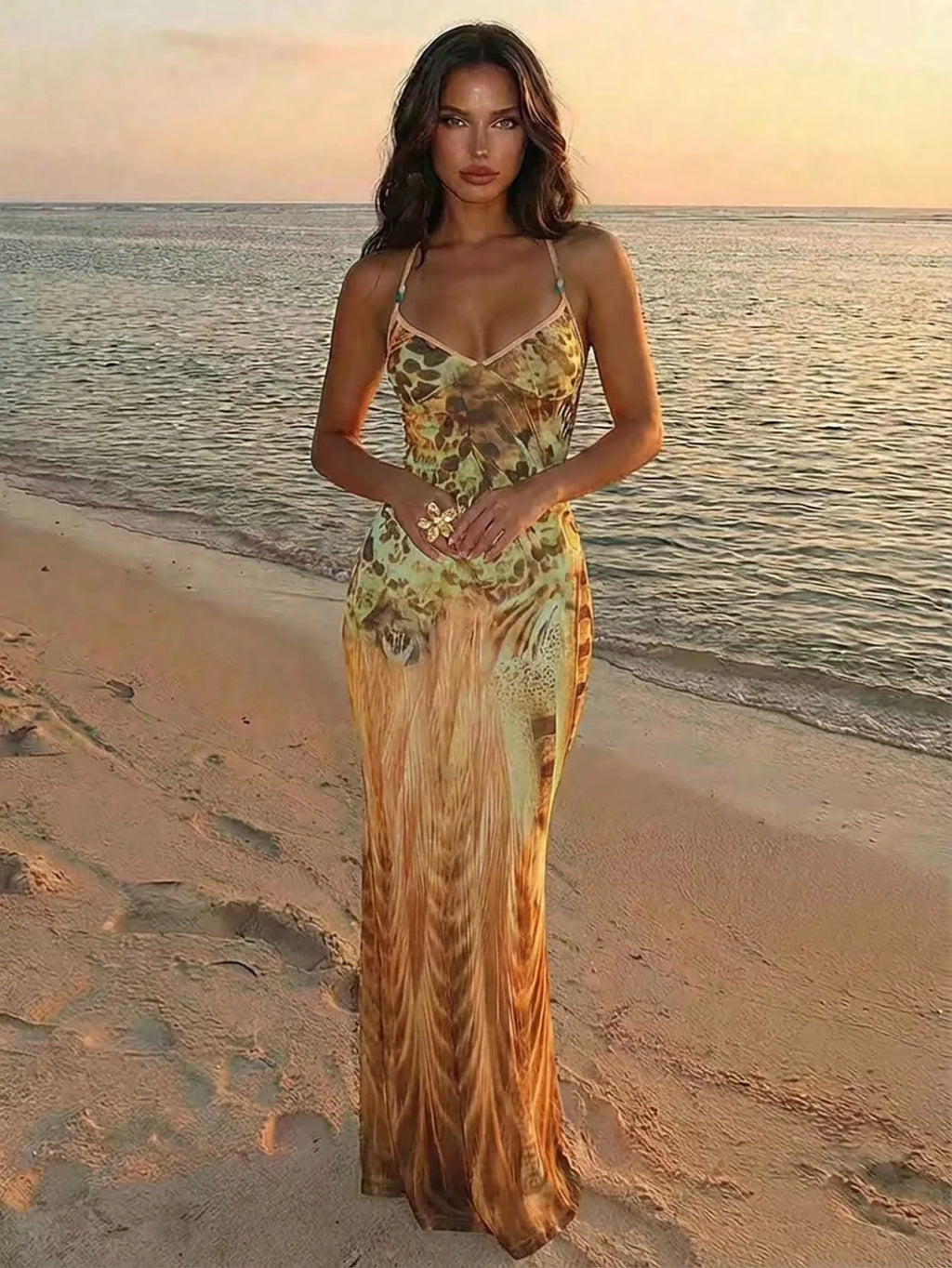 Rosamond Abstract Print V-Neck Cami Bodycon Maxi Dress