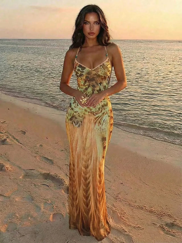 Rosamond Abstract Print V-Neck Cami Bodycon Maxi Dress