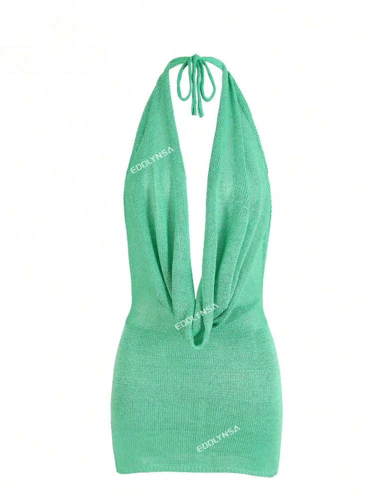 Agnieszka Draped Cowl Halter Backless Knit Mini Dress