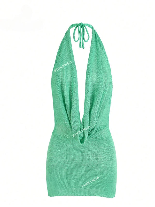 Agnieszka Draped Cowl Halter Backless Knit Mini Dress