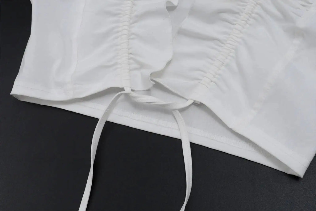 JULISSA MO Sexy Deep V-neck Ruffles Women Crop Top White Short Sleeve Lace Up Ruched Tops Female Summer Skinny Casual Streetwear