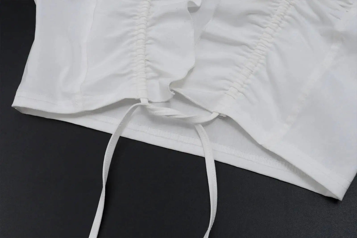 JULISSA MO Sexy Deep V-neck Ruffles Women Crop Top White Short Sleeve Lace Up Ruched Tops Female Summer Skinny Casual Streetwear