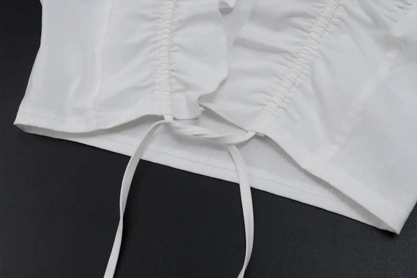 JULISSA MO Sexy Deep V-neck Ruffles Women Crop Top White Short Sleeve Lace Up Ruched Tops Female Summer Skinny Casual Streetwear