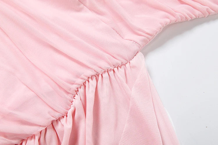 Kliou Mesh Patchwork Pink Dress Woman Summer Trend Low-Neck Backless Ruffles Tassel Skinny Wrap Hip Ruched Elegant Mini Bodycon