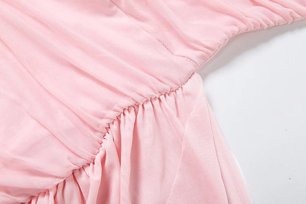 Kliou Mesh Patchwork Pink Dress Woman Summer Trend Low-Neck Backless Ruffles Tassel Skinny Wrap Hip Ruched Elegant Mini Bodycon