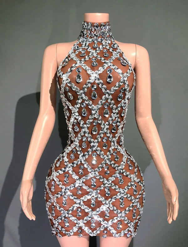 Selena Crystal Sheer Bodycon Halter Mini Dress