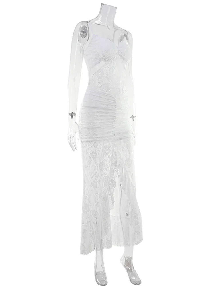 Evangeline Lace Asymmetrical V-Neck Maxi Dress