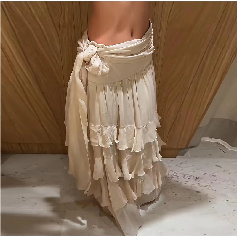 Leokadia Layered Ruffle Tiered Tie-Waist Side-Slit Maxi Skirt One-piece