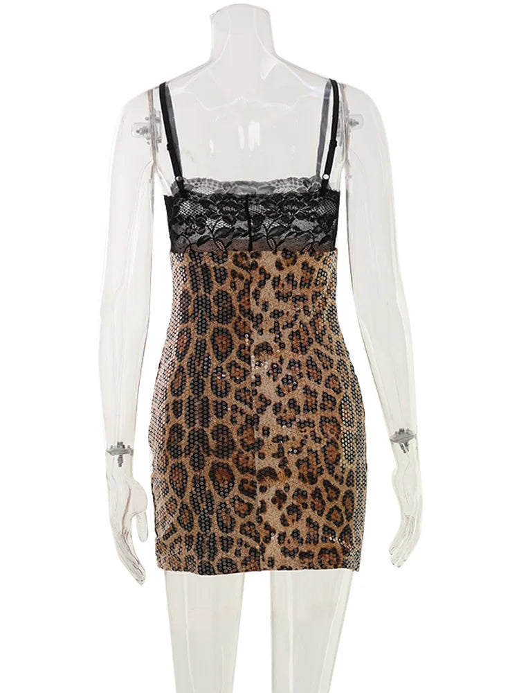 Solveig Sequin Leopard Lace-Trim Cami Bodycon Mini Dress