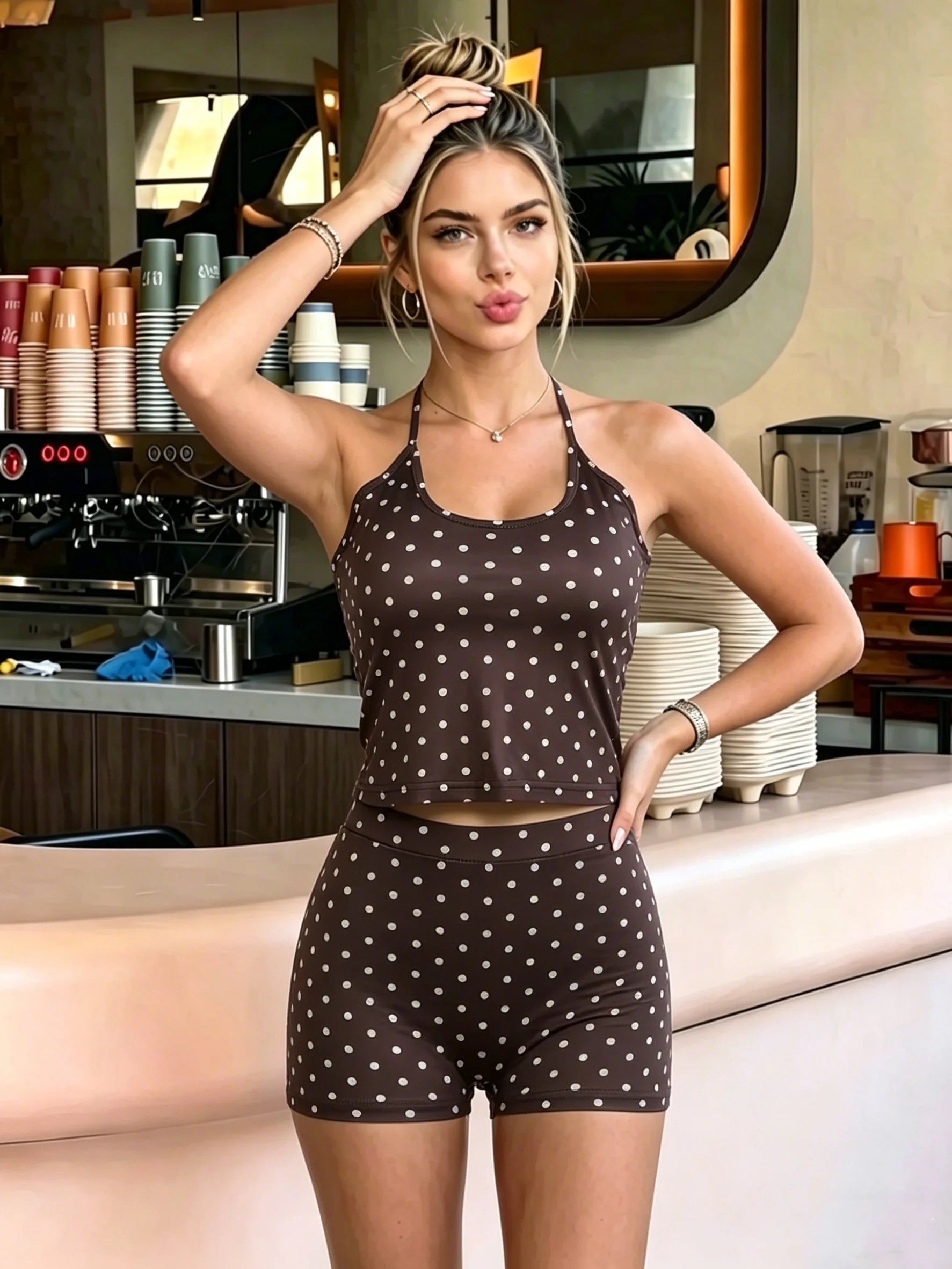 Sabrina Mocha Polka Lounge Shorts Set Two-piece