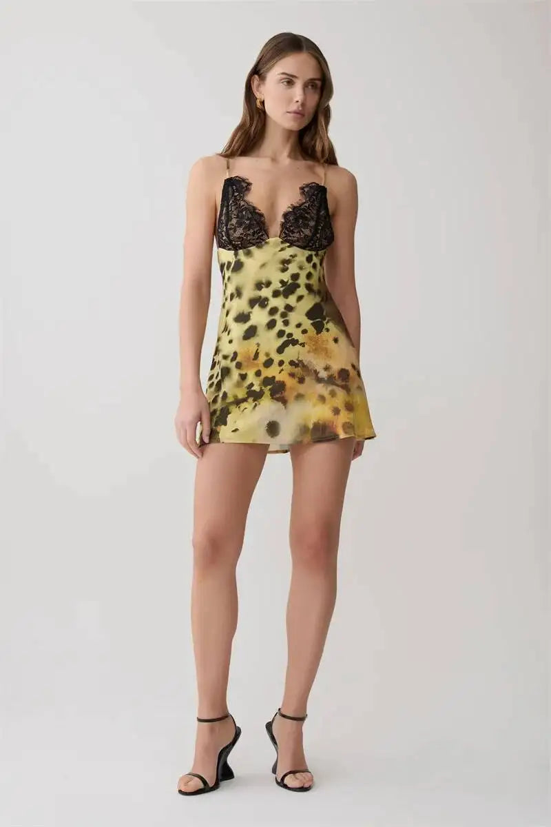 Ludmila Leopard Print Lace-Cup Slip Mini Dress