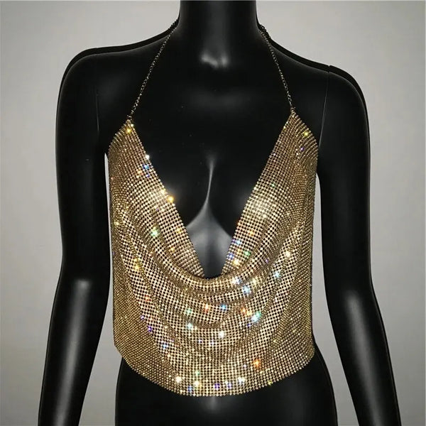 Festival Brilliant Rhinestone Backless Party Crop Top Women 2025 Summer Glitter Evening V Neck Diamonds Metal Tank Tops