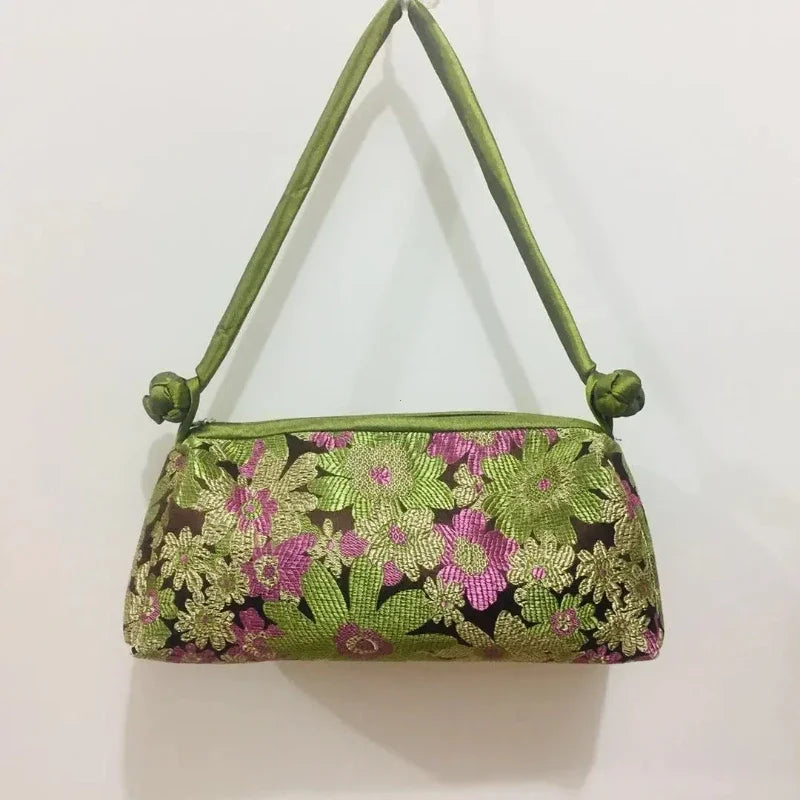 Jade Garden Embroidered Satin Shoulder Bag
