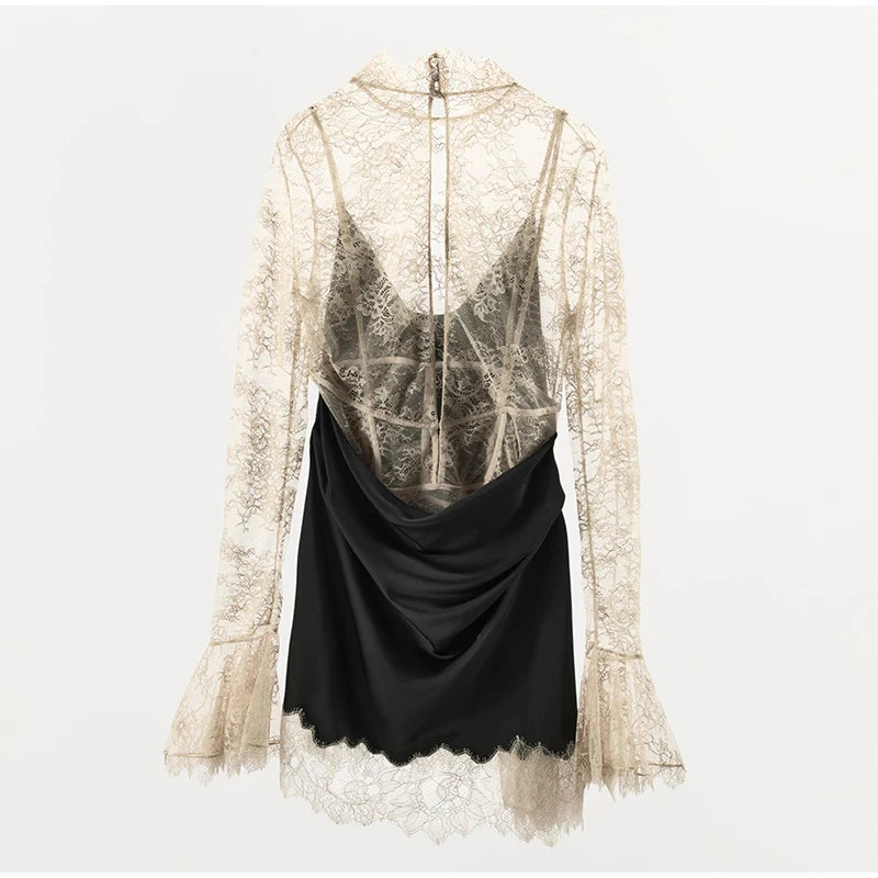 Genevieve Lace-Patchwork Flared-Sleeve Mini Dress