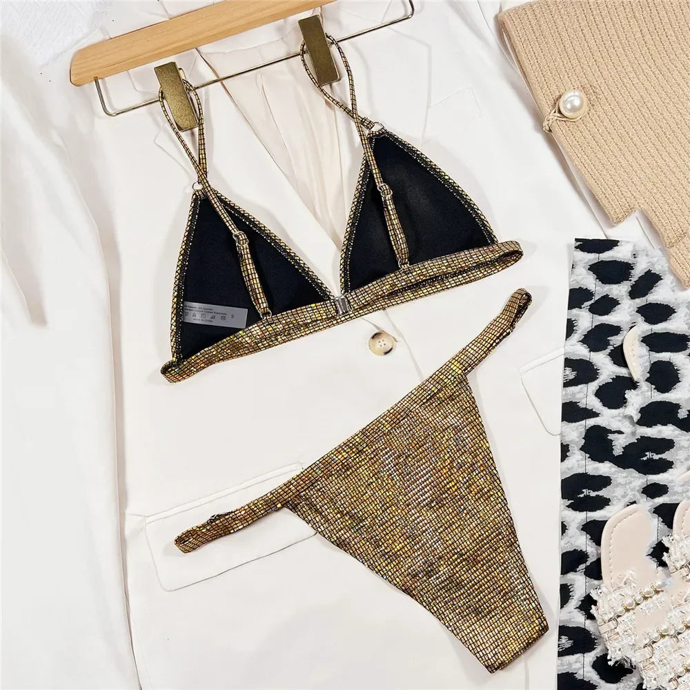 Aurelia Metallic Triangle Thong Bikini Two-piece