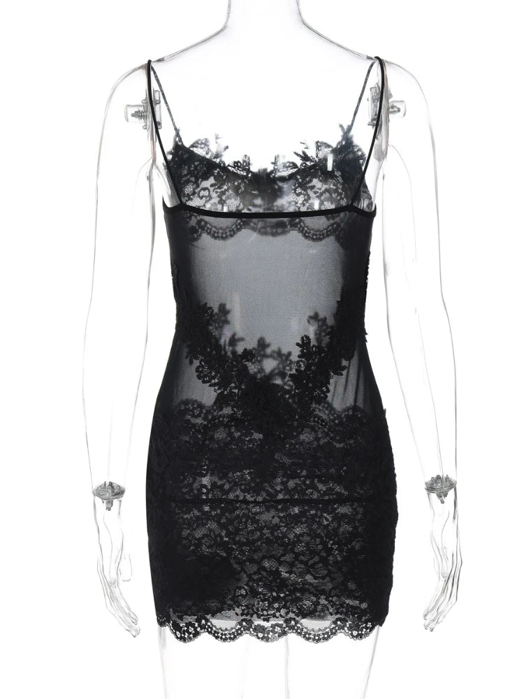Verbena Sheer Lace Appliqué Mesh Cami Bodycon Mini Dress