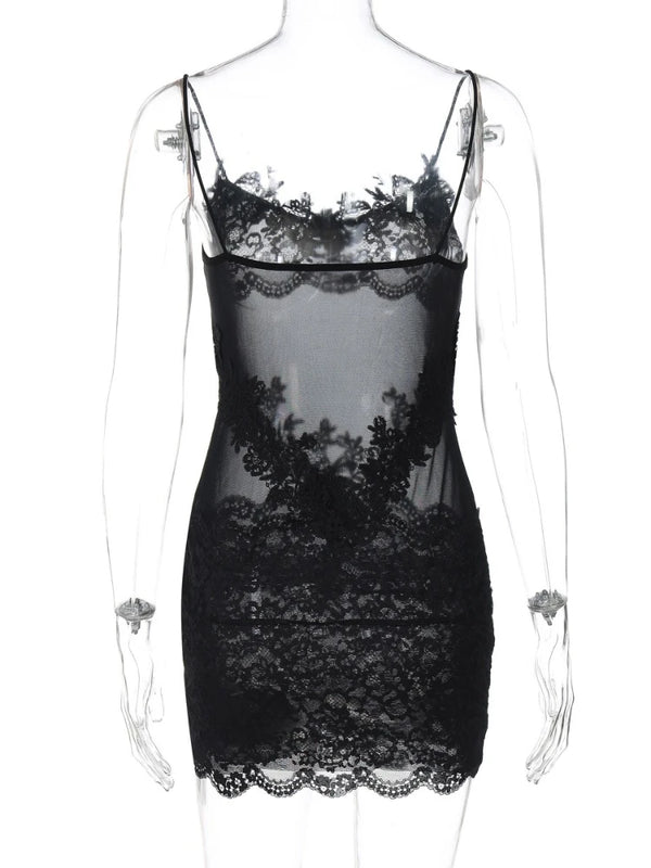 Verbena Sheer Lace Appliqué Mesh Cami Bodycon Mini Dress