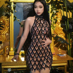 Selena Crystal Sheer Bodycon Halter Mini Dress