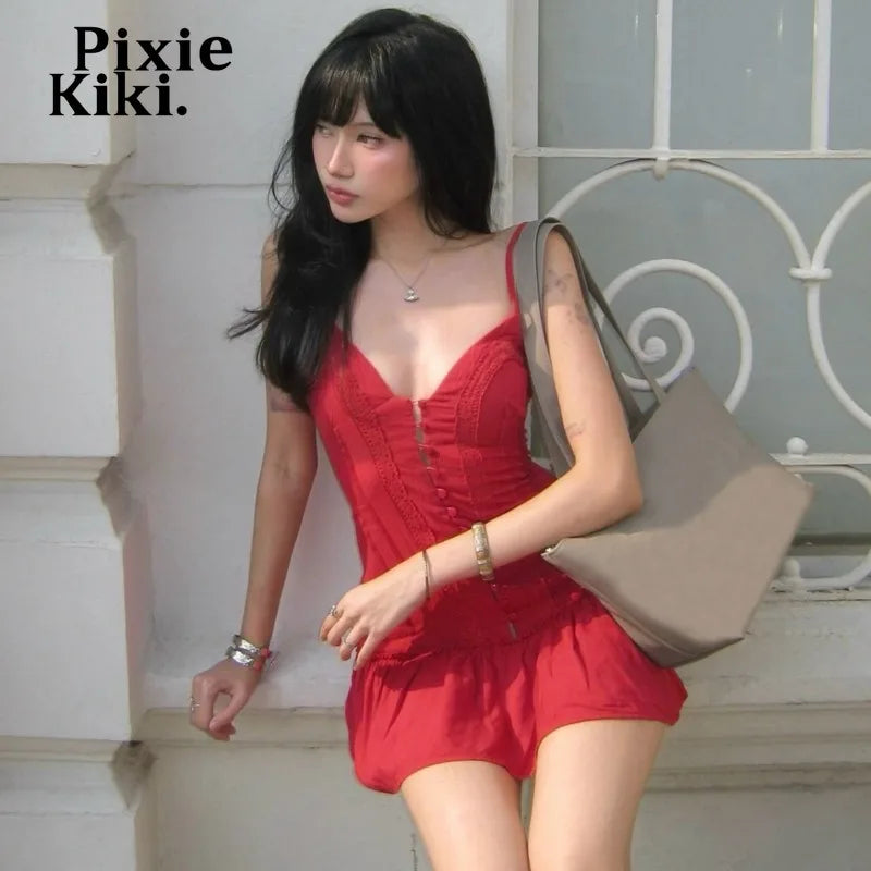PixieKiki Spaghetti Strap Deep V Neck Pleated Mini Dress Sexy Red Summer Dresses Trendy Clothes Woman 2026 P33-EE12