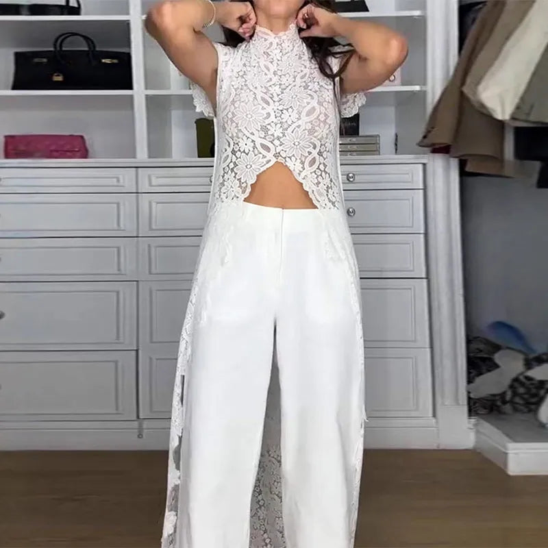Fiora Sheer Floral-Lace Wide-Leg Pants Set Two-piece