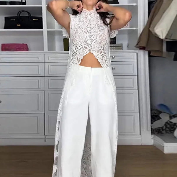 Fiora Sheer Floral-Lace Wide-Leg Pants Set Two-piece