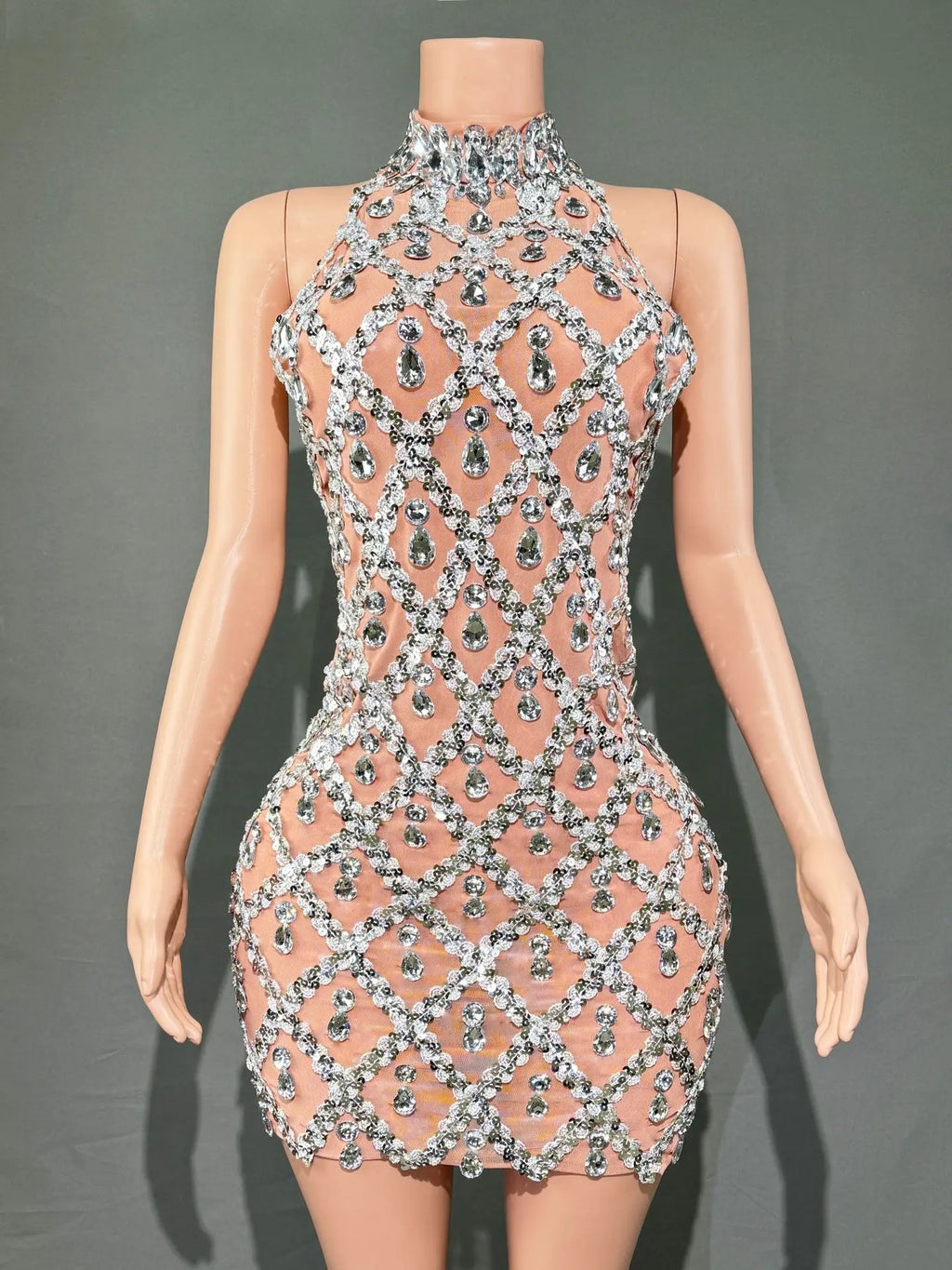 Selena Crystal Sheer Bodycon Halter Mini Dress