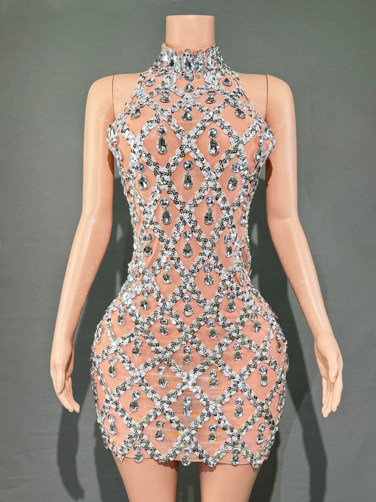 Selena Crystal Sheer Bodycon Halter Mini Dress