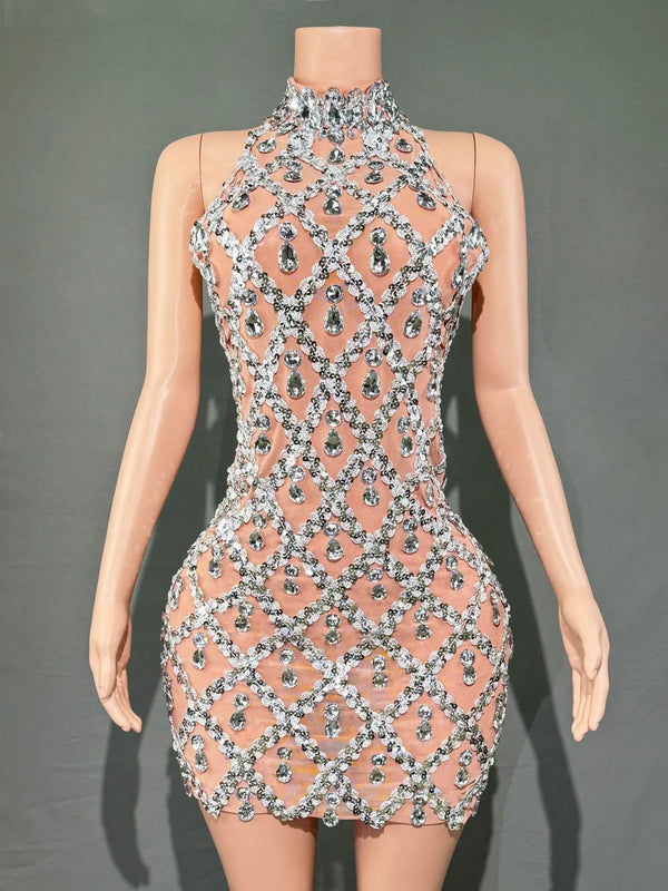 Selena Crystal Sheer Bodycon Halter Mini Dress