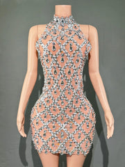 Selena Crystal Sheer Bodycon Halter Mini Dress
