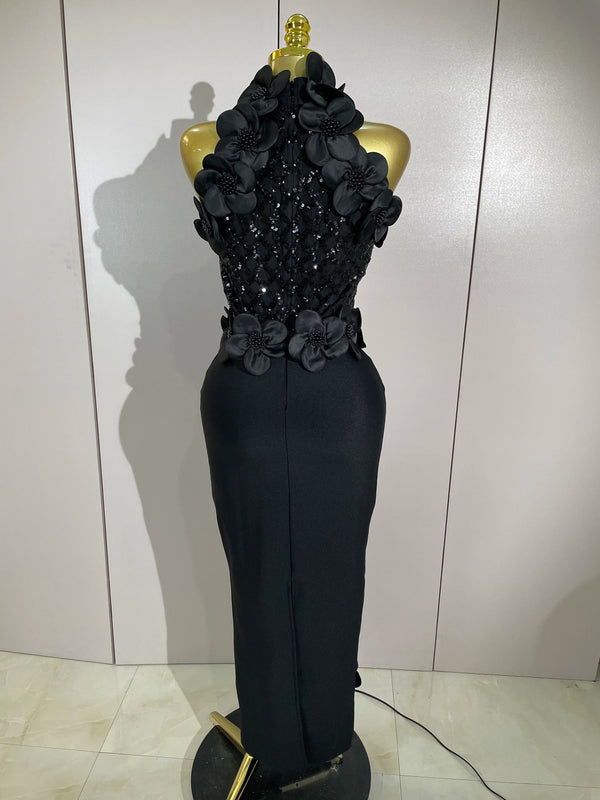 Winona Beaded Floral Mesh Bandage Maxi Dress