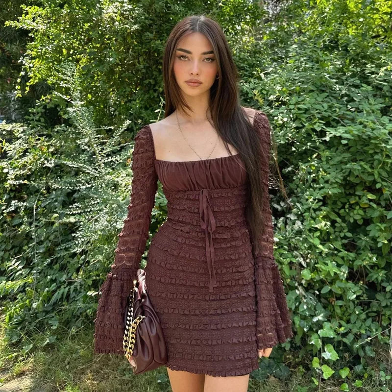 Cocoa Floral-Lace Flare-Sleeve Mini Dress
