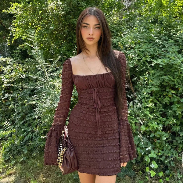Cocoa Floral-Lace Flare-Sleeve Mini Dress