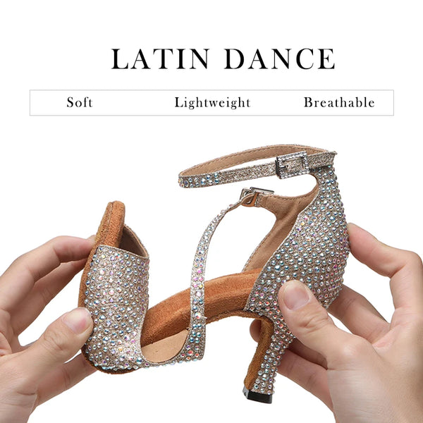 DKZSYIM Latin Dance Shoes For Women Ballroom Tango Rhinestones Dancing Shoes High Heels Black/Silver/Gold Women's Wedding Shoes