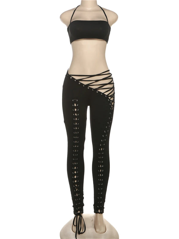 Nibber Coquette Sexy 2piece Set Women Hipster Halter Camisole+Shirring Hollow Pants Midnight Matching Stretch Clubwear Outfits