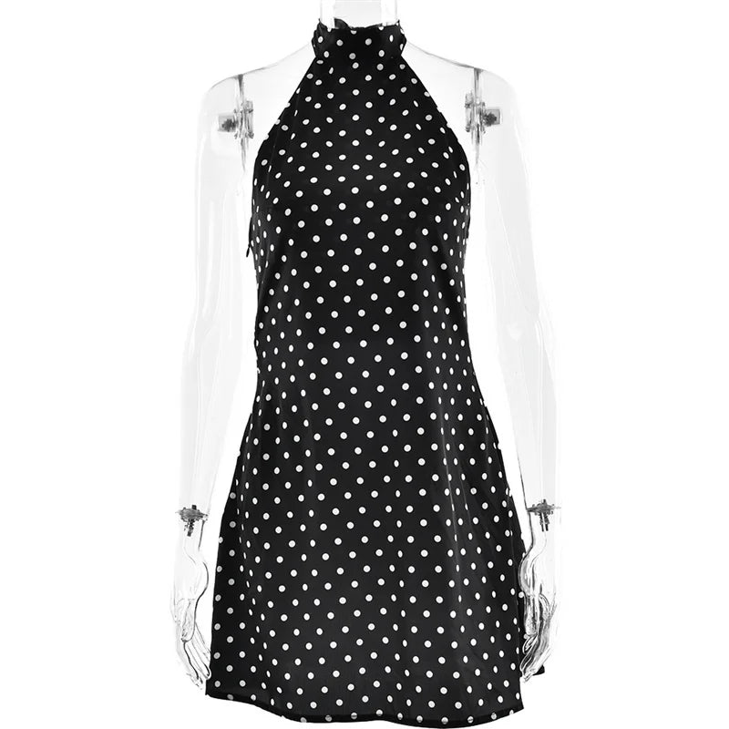 Hyacinthe Polka-Dot Tie-Halter Backless A-Line Mini Dress