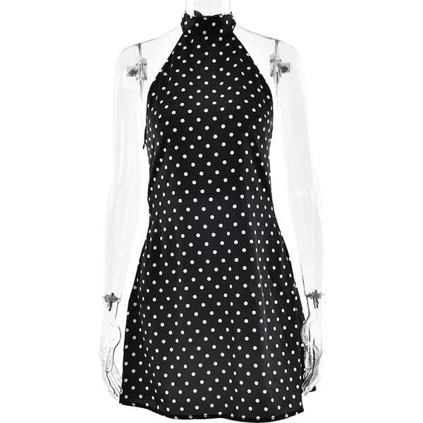 Hyacinthe Polka-Dot Tie-Halter Backless A-Line Mini Dress