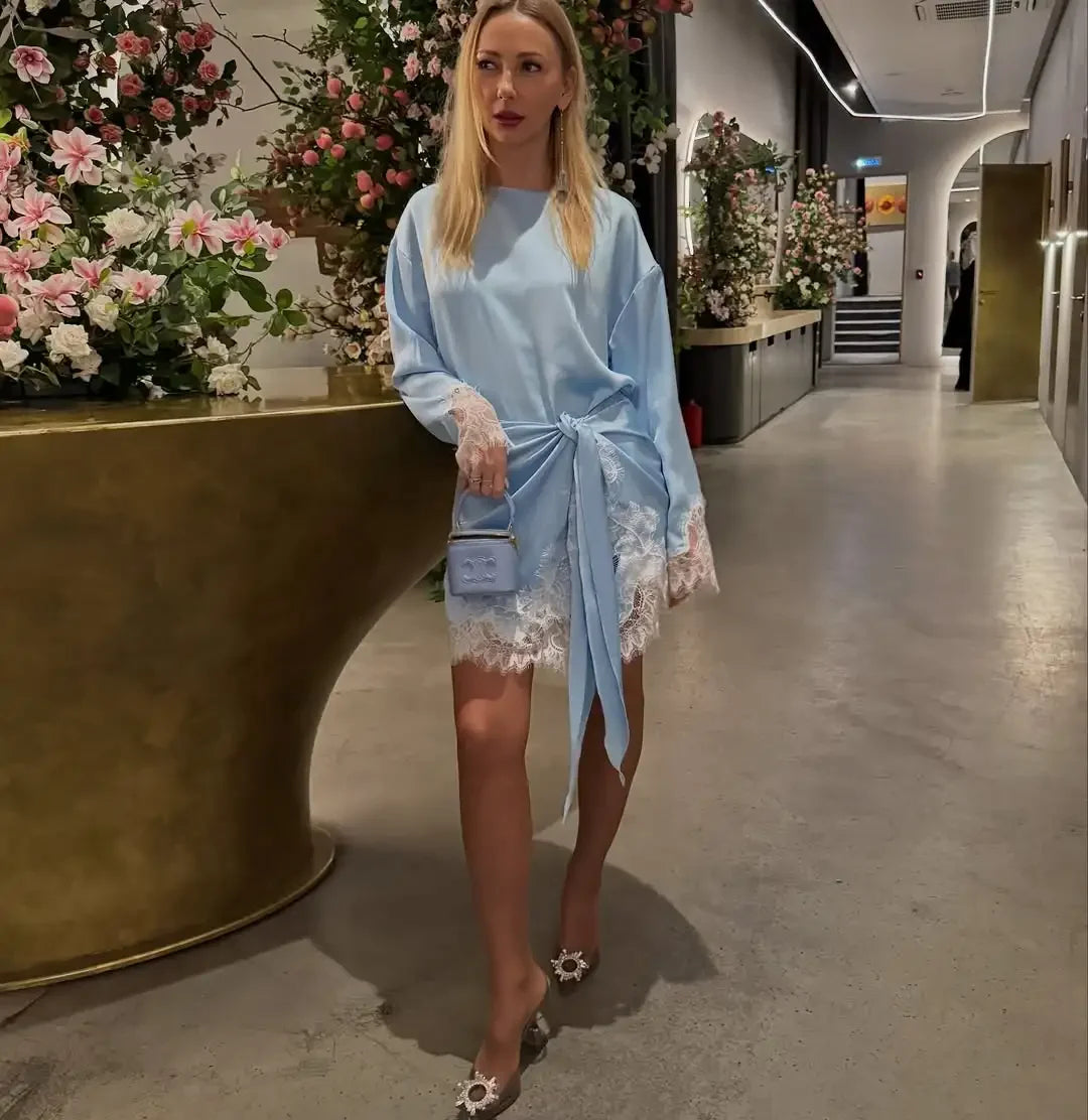 Amara Satin Lace Long-Sleeve Mini Dress