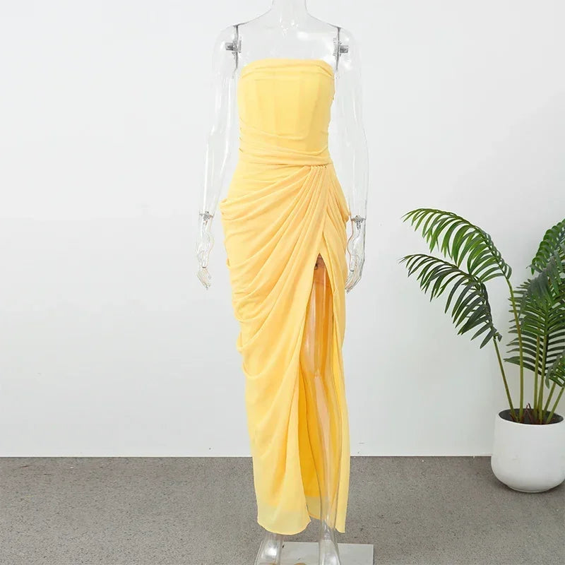 Elise Strapless Pleated Slit Maxi Dress