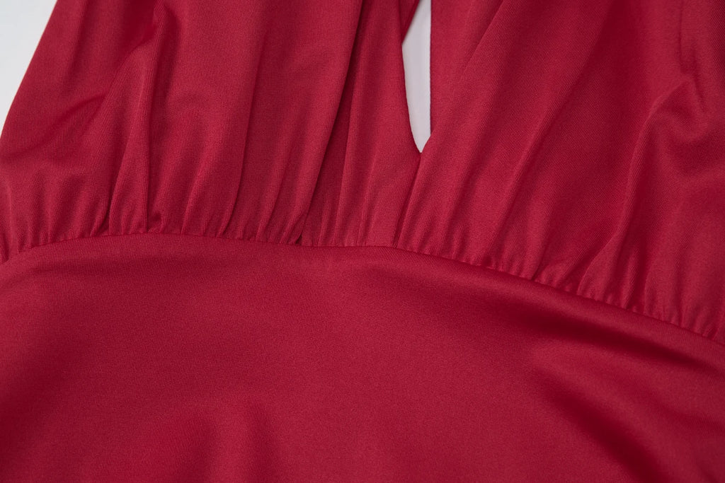 Ruby Ruched Ruffle Halter Mini Dress