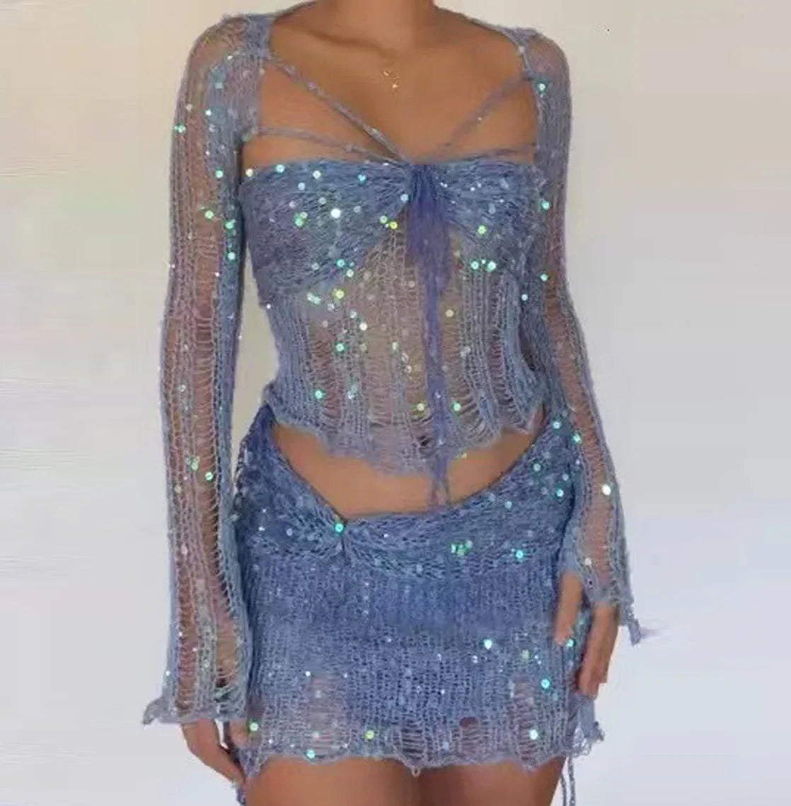 Marisela Sequin Crochet Knit Tie-Front Crop Top & Mini Skirt Two-piece