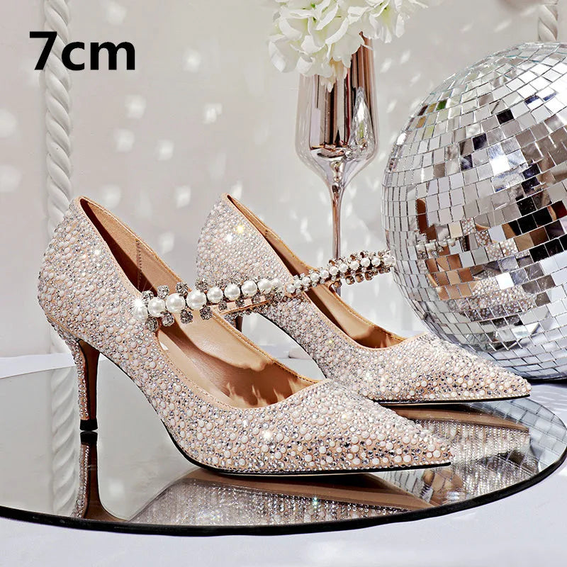 Hot Rhinestone Pointed High Heels New Single Shoes Women's Pumps Bridesmaid Rhinestone Crystal Pearl Retro Wedding Shoes