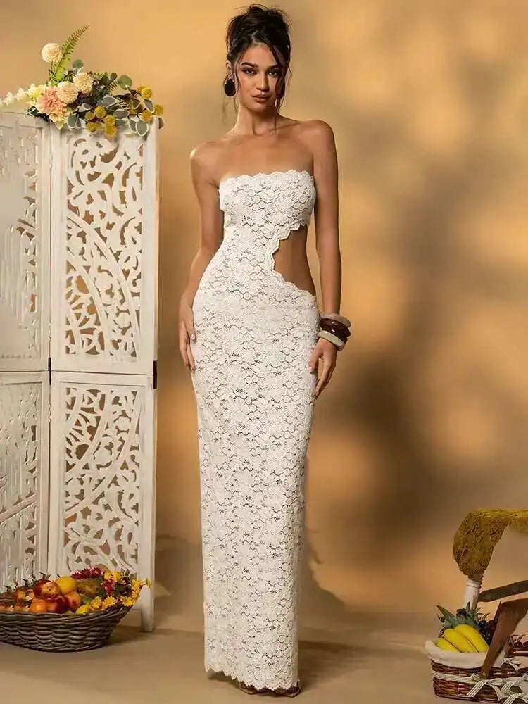 Isolde White Lace Hollow-Out Strapless Maxi Dress