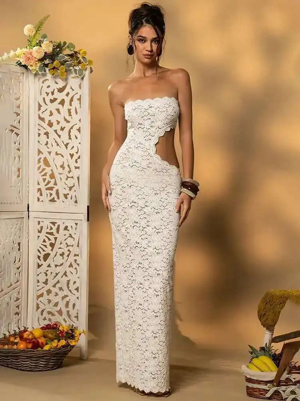 Isolde White Lace Hollow-Out Strapless Maxi Dress