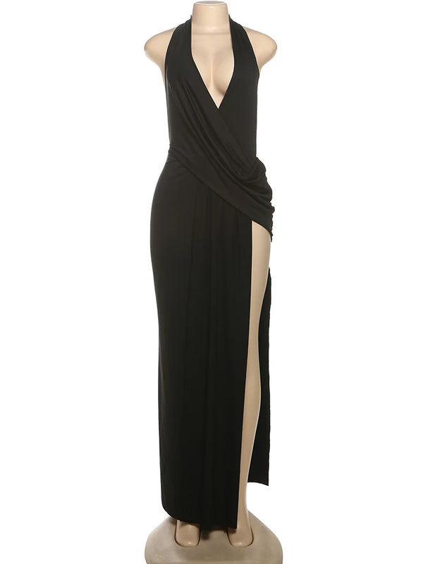 Annalisa Plunge Halter Ruched Backless High-Slit Maxi Dress