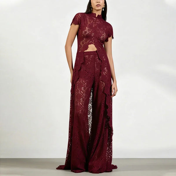 Fiora Sheer Floral-Lace Wide-Leg Pants Set Two-piece
