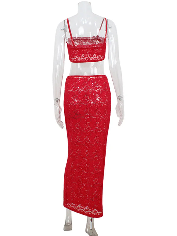 Fenwicka Red Lace Cami Top & Sheer Maxi Skirt Two-Piece Set
